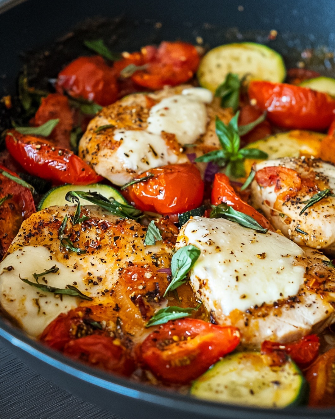 Poulet Légèrement Gratiné aux Tomates, Courgettes et Mozzarella