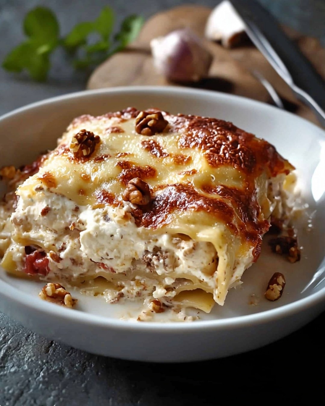 Lasagnes au poulet, ricotta, parmesan et noix