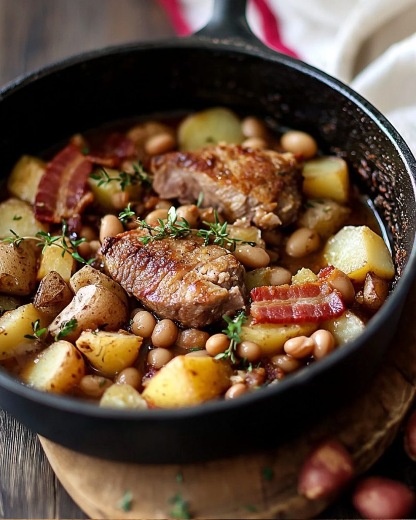 Sauté de porc aux flageolets, pommes de terre et lardons