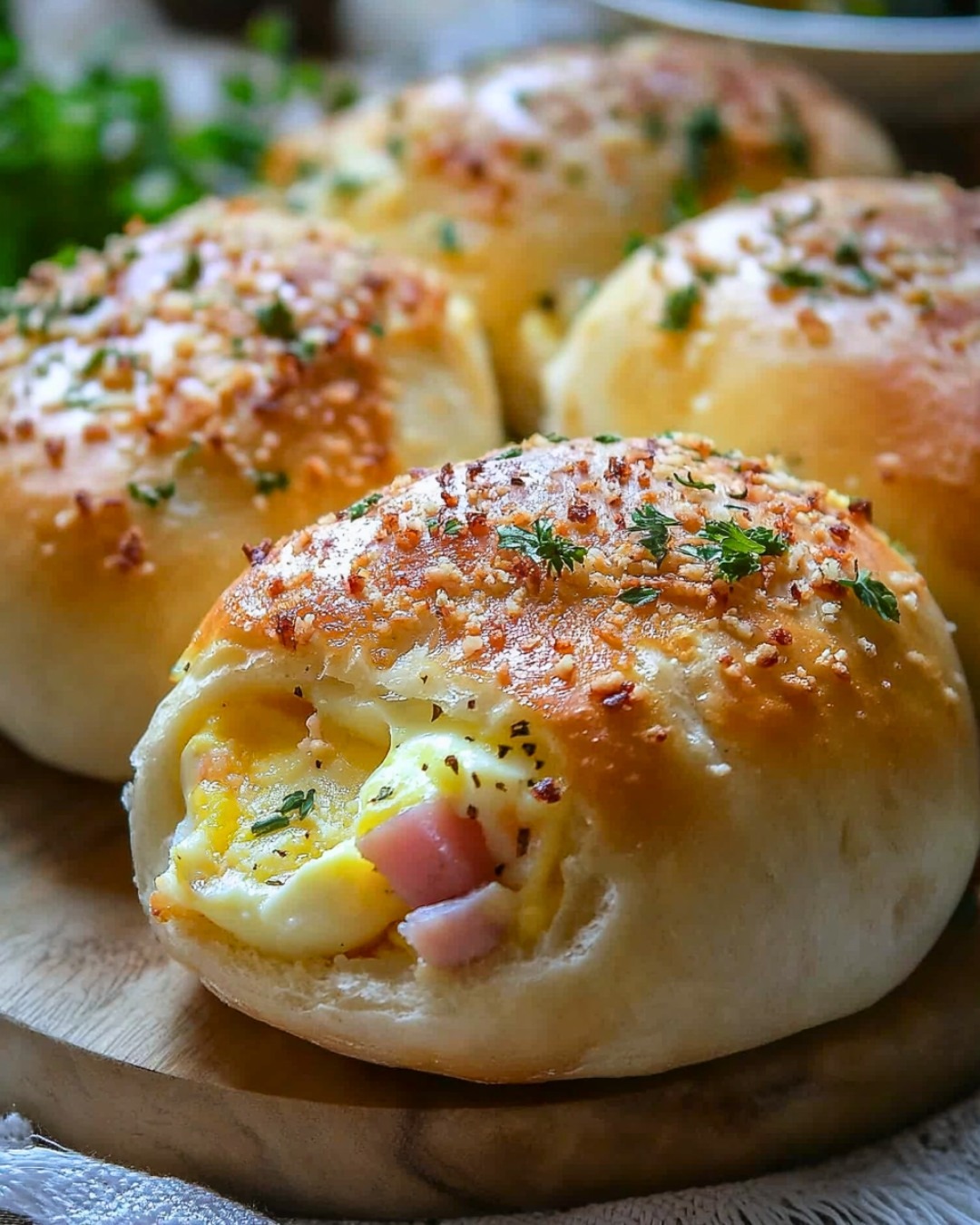 Petits Pains Ronds Fourrés à l’Œuf, Jambon et Fromage 