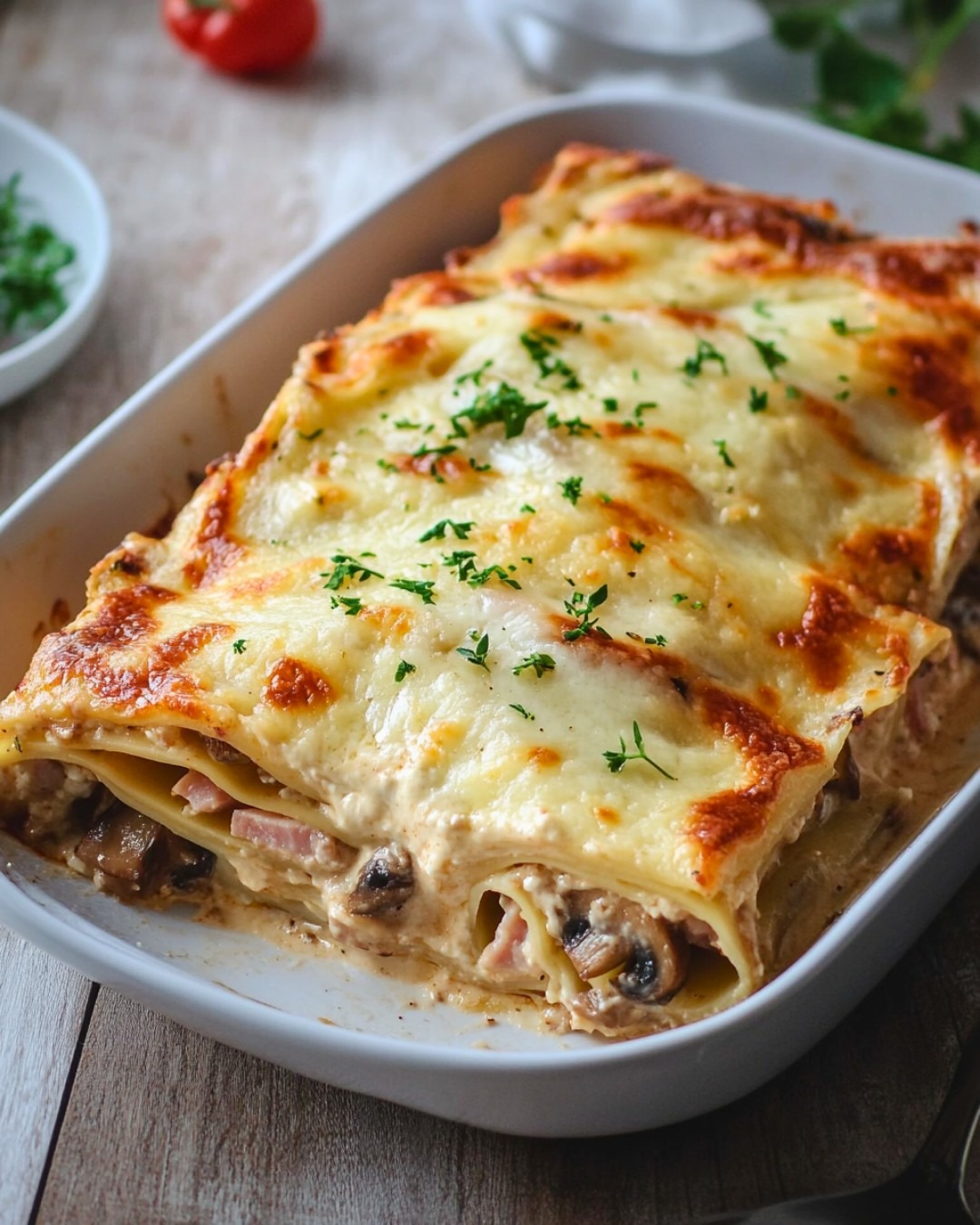 Cannelloni de lasagnes au jambon et champignons