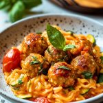 Pâtes Crémeuses façon Risotto avec Tomates, Courgettes et Boulettes de Poulet 