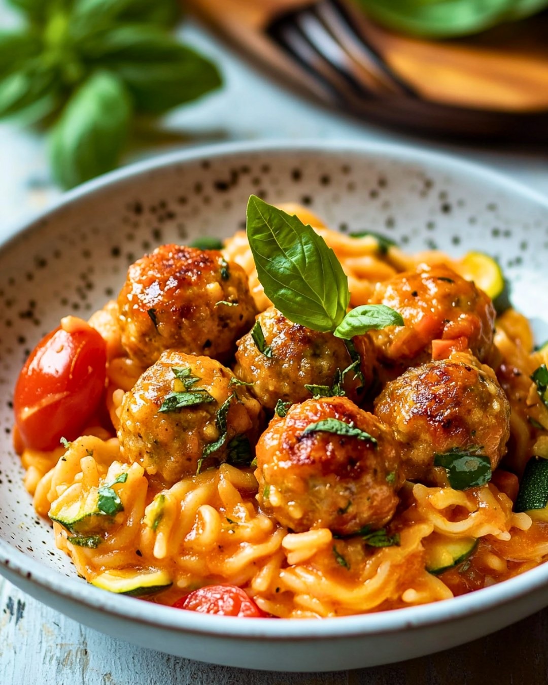 Pâtes Crémeuses façon Risotto avec Tomates, Courgettes et Boulettes de Poulet 