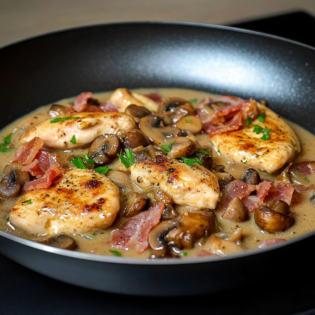 Émincés de Poulet à la Moutarde, Lardons et Champignons