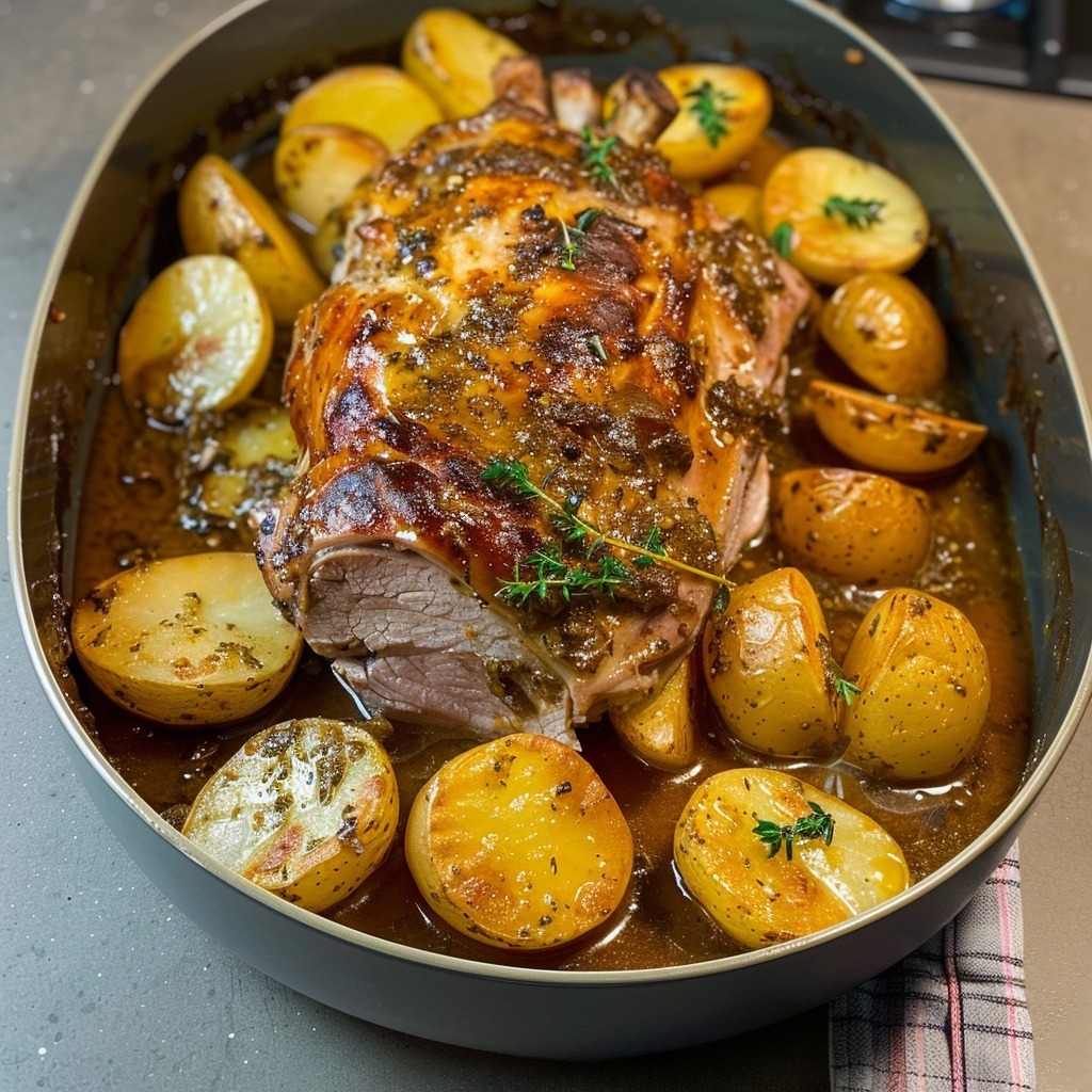 Rôti de porc à l’ail et aux pommes de terre jaunes