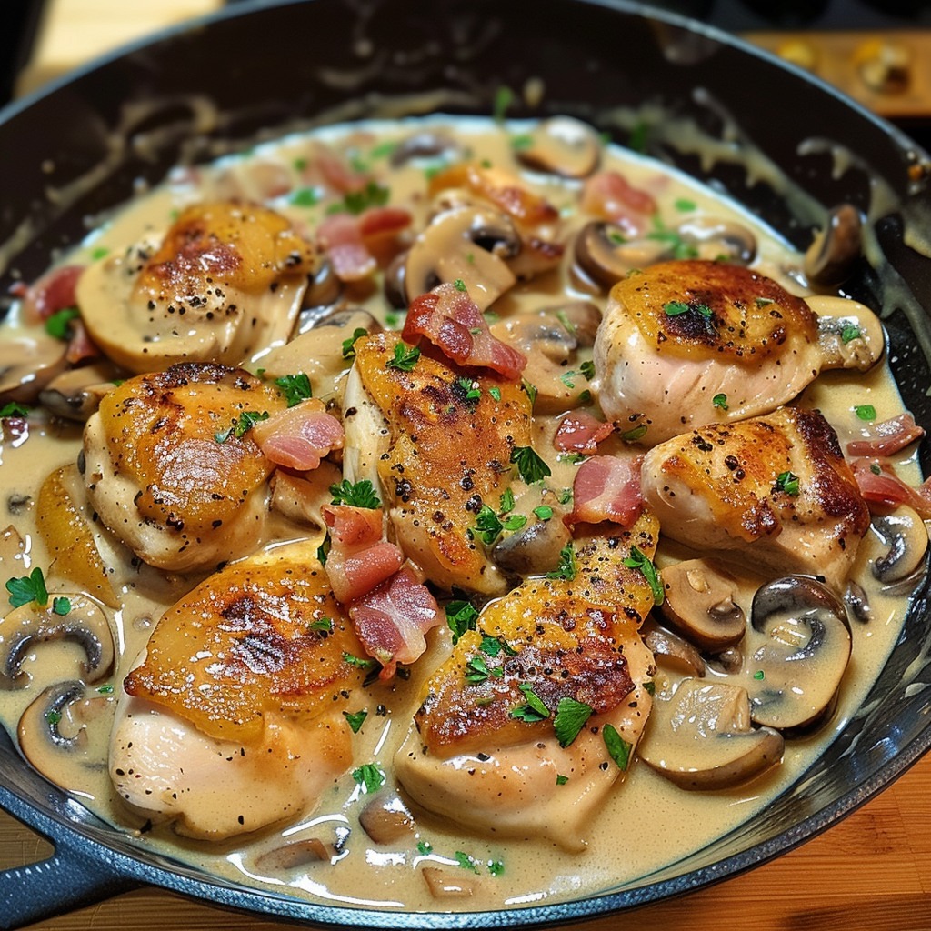 Poulet à la Moutarde avec Lardons et Champignons