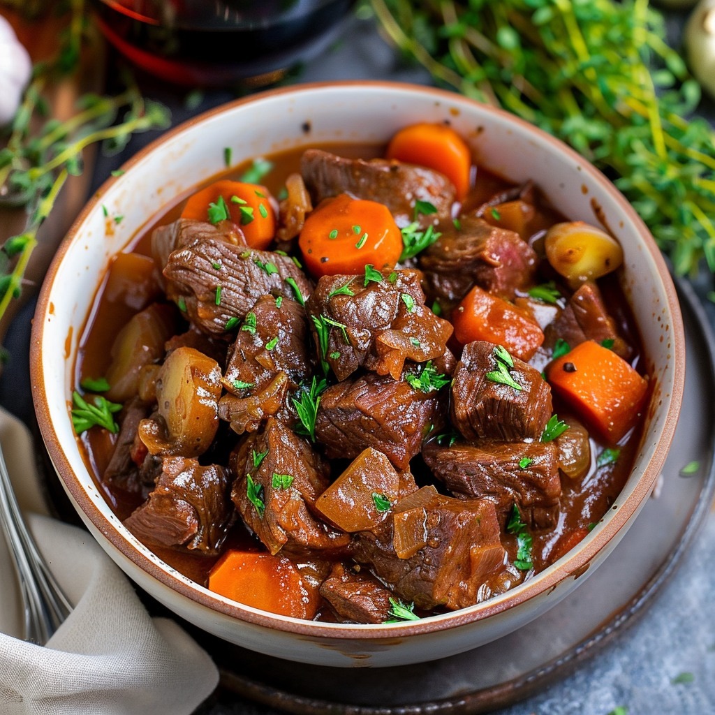 Bœuf mijoté au vin rouge, lardons, champignons et tomate