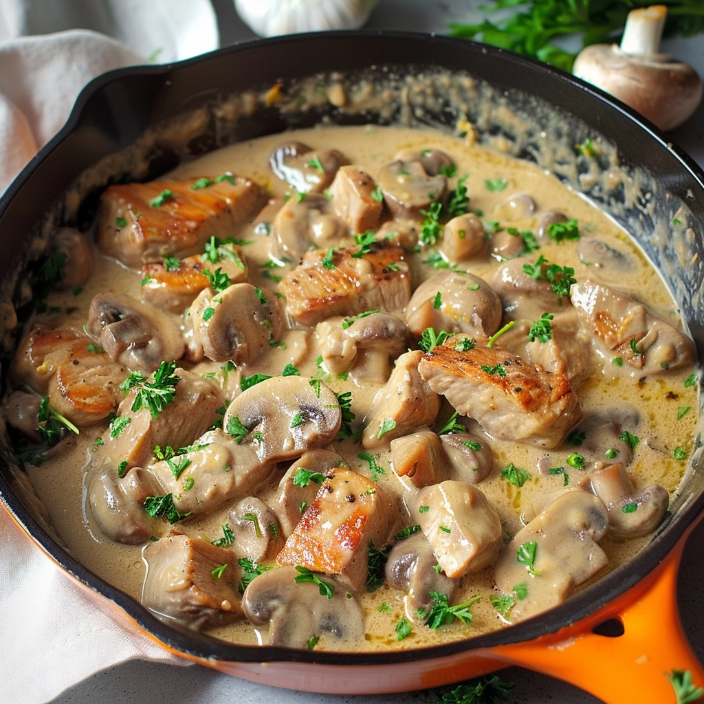 Sauté de porc à la moutarde et aux champignons