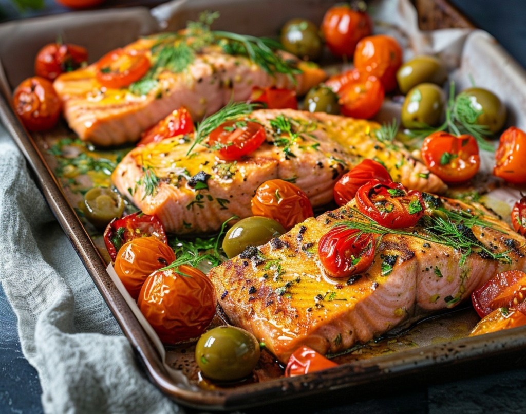 Saumon Grillé aux Tomates Cerises, à l’Aneth et aux Oignons Verts