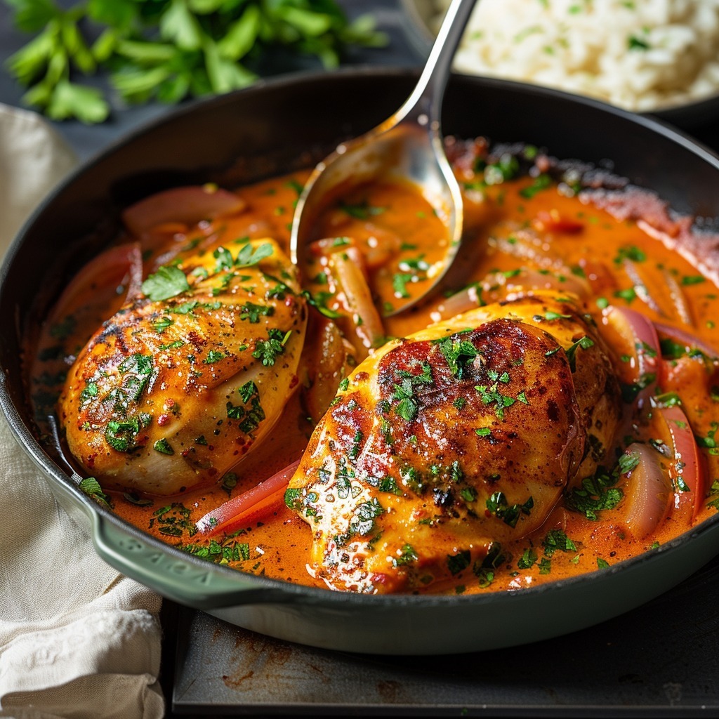 Poulet à la Sauce Crémeuse aux Poivrons Rôtis