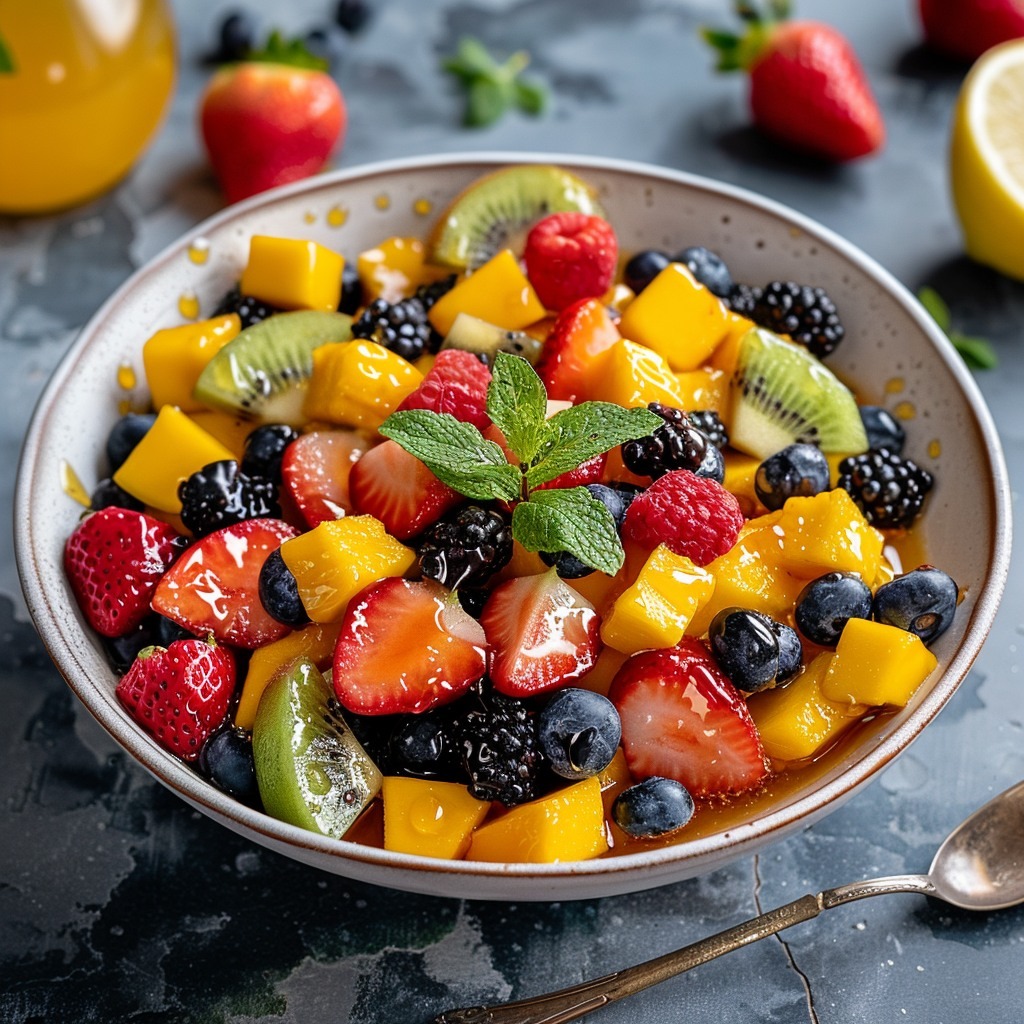 Salade de fruits d’été avec vinaigrette au miel et citron