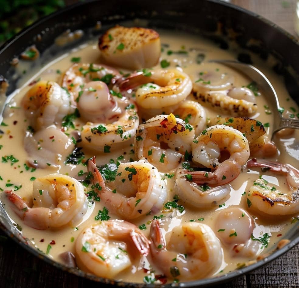 Fruits de mer à la sauce crémeuse à l’ail et au vin blanc