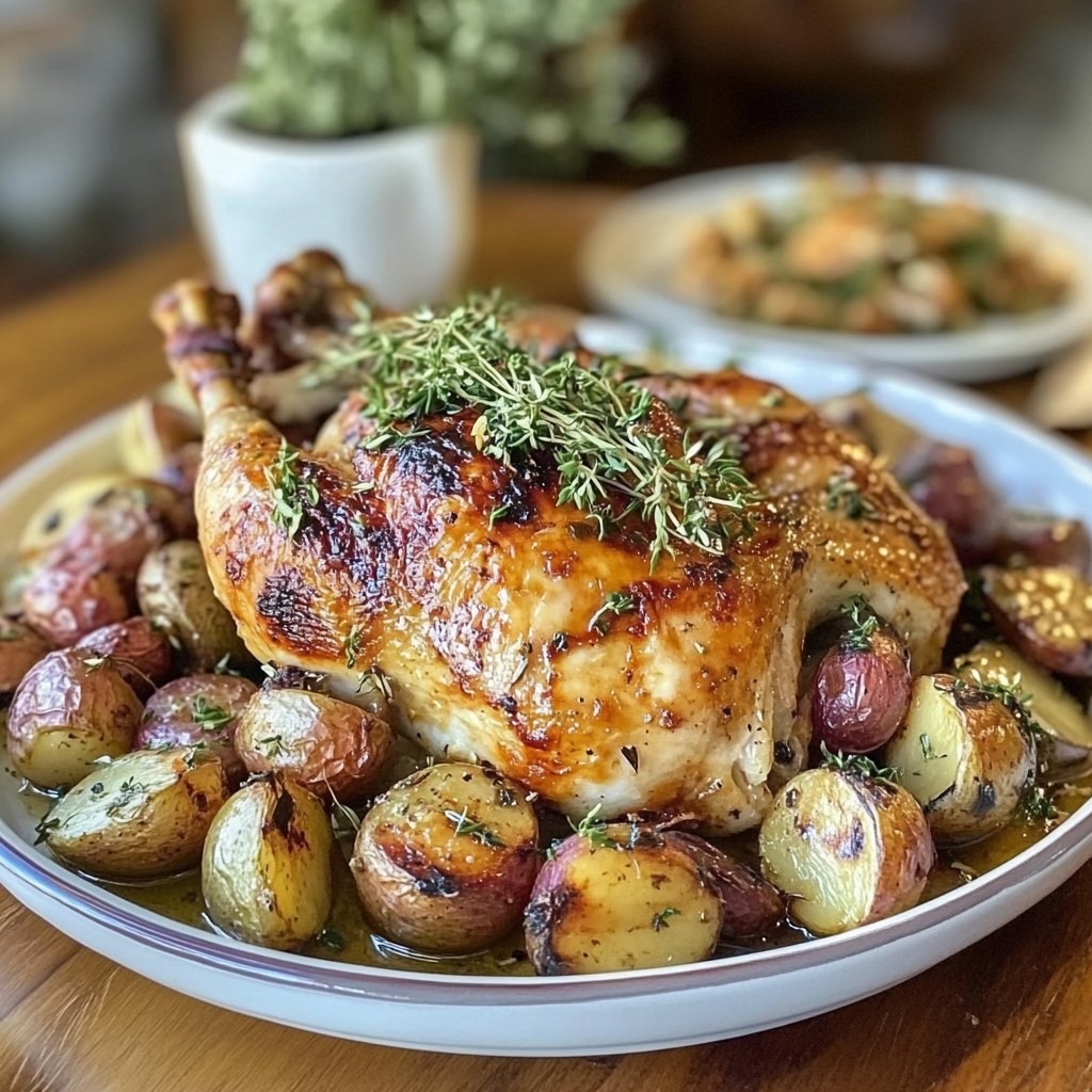 Poulet rôti aux pommes de terre et herbes fraîches